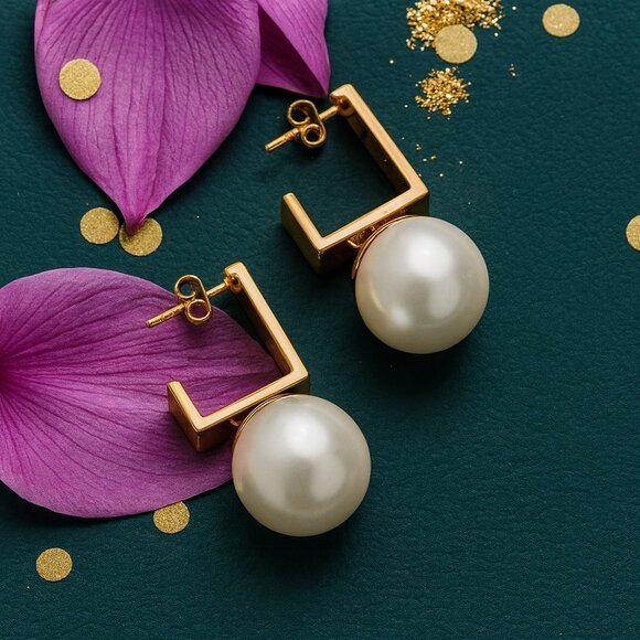 🆕️ Modern Classic Elegance: 18K Gold Plated Stainless Steel Pearl Drop Earrings - Picture 8 of 10